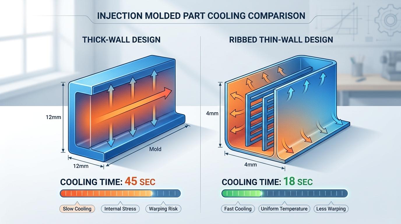 CAD finite element stress analysis and cross section of ribbed plastic component with bosses