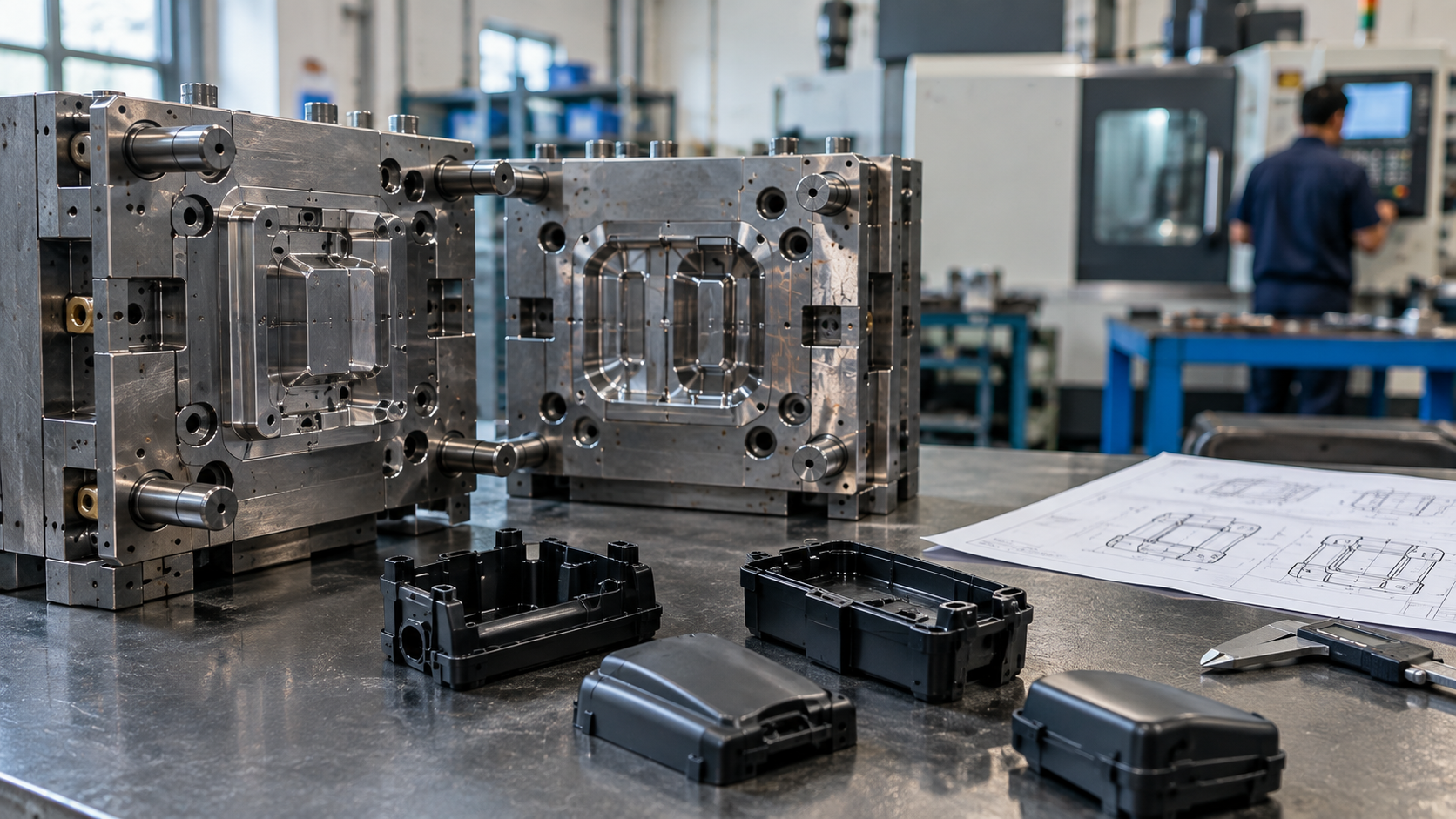 Precision multi-cavity injection mold under inspection at a tool room in India