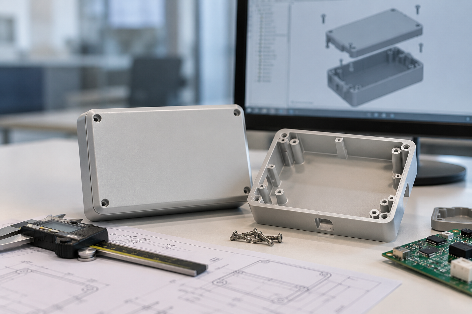 Injection molded plastic enclosure with ribs, bosses, and snap-fit features